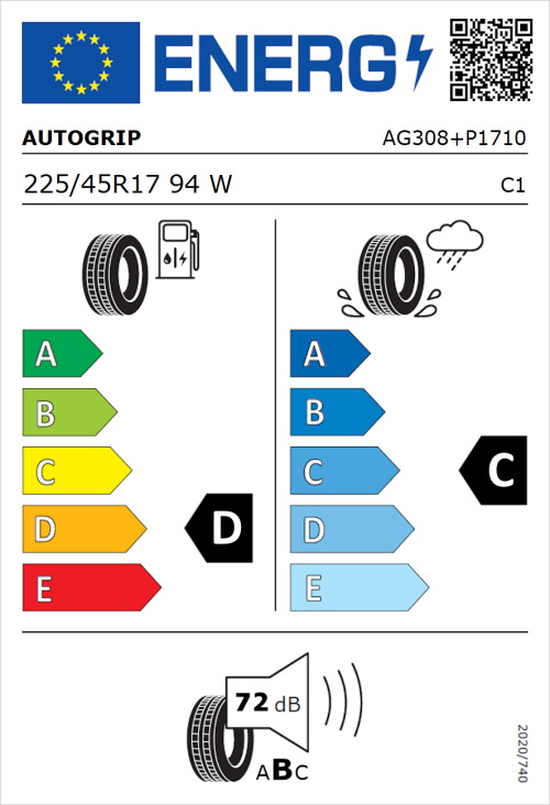Tyre Label for Autogrip P308 Plus 225/45R17 94W